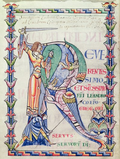 Ms 168 f.4v Historikert initial R, der viser en ridder, der kæmper mod en drage, fra Moralia i Job af pave Gregor den Store af French School