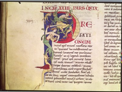 Ms 173 Historikert initial P, der forestiller kentaurer, drager og monstre, fra Moralia i Job af pave Gregor den Store af French School