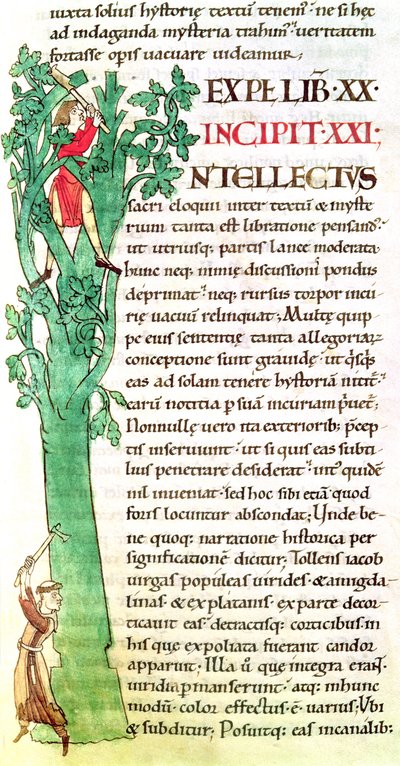 Ms 173 f.41 Historikert initial I, der forestiller en munk og en lægmand, der hugger og beskærer et træ, fra Moralia i Job af pave Gregor den Store af French School