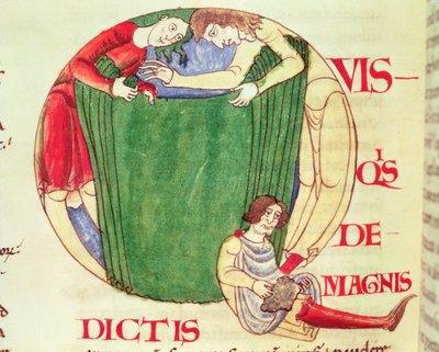 Ms 173 fol.92v Historikert initial Q, der forestiller draperinger, fra Moralia i Job af Pave Gregor den Store, Burgundisk Skole af French School