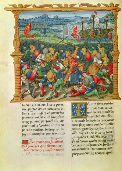 Ms 18 f.73v Kong Edward III fører krig i slaget ved Crecy i 1346, fra Philippe of Commines