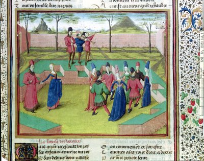 Ms 19153 f.7 A Carole in the Orchard, illustration fra Le Roman de la Rose af Jean de Meung, ca. 1460 af French School