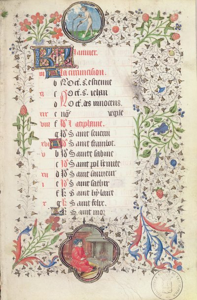 Fru 19. januar: Vandmanden og en mand, der varmer sig ved en ildsted, fra en Timebog, begyndelsen af det 15. århundrede af French School
