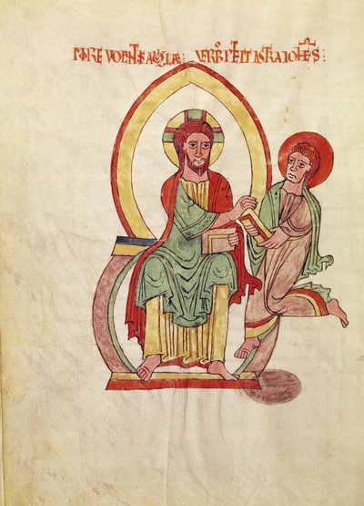 Ms. 1 Fol 111v Sankt Johannes løber for at modtage evangeliet fra Kristus, siddende i en mandorla, miniature fra evangeliet om Saint-Michel-de-Cuxa, ca. 1070-1130 af French School