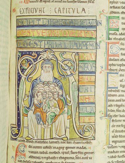 Ms 1 f.256 Historikert brev A, der skildrer generationer i Abrahams skød, fra Souvigny-bibelen af French School