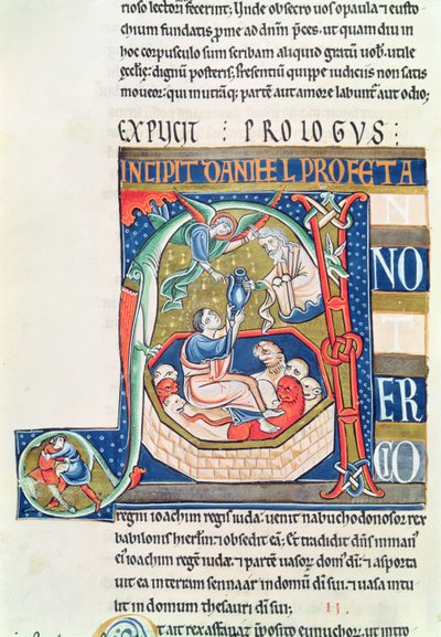 Ms 1 fol.185v Historikert initial A, der forestiller Daniel i Løvehulen, fra Souvigny-bibelen af French School
