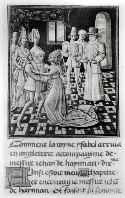 Frk. 1 fol. 6 v Isabella af Frankrig, dronning af England, tager afsked med William I, greve af Hainaut, fra Froissarts Chronicle af French School