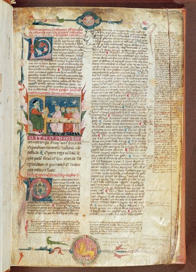 Fru 2046 fol. 1 Instruktionsscene, første side af Aforismer af Hippocrate med kommentarer af Galen af French School