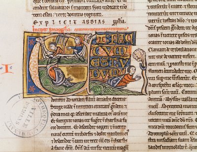 Ms 21 Fol.163v Historikert initial E, der viser Jonas, der bliver kastet i havet, fra en uspecificeret bibel af French School