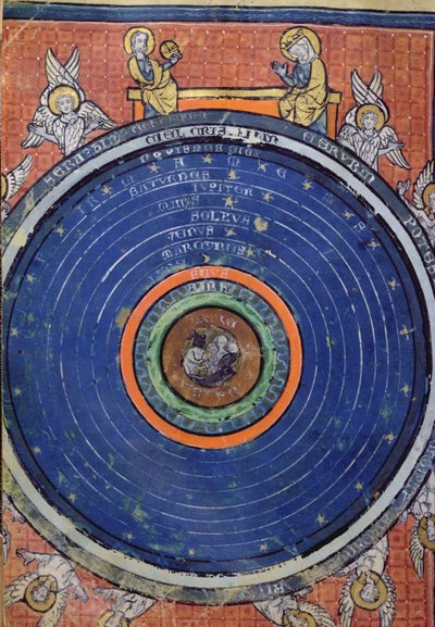 Ms 2200 f.115v. Verden, ifølge Aristoteles, miniature fra De Philosophia Mundi af Guillaume de Conches (1100-54) 1276-77 af French School