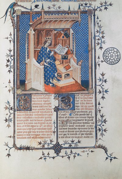 Ms 24287 fol. 2. Charles V, den vise, konge af Frankrig, fra John of Salisbury, Polycraticus, oversat af Denis Foulechatis, ca. 1372 (vellum) af French School