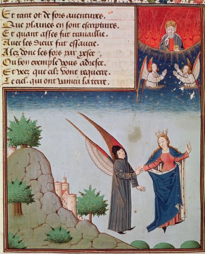 Ms 3045 fol.94r Lady Philosophy fører Boethius i flugt til himlen på de vinger, som hun har givet ham; Gud Fader ser på i velsignelse af French School