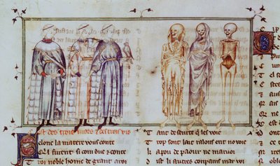 Ms 3142 fol.311r Historien om de tre levende mænd og de tre døde mænd, fra Recueil de Poesies Francaises, c.1280-90 af French School