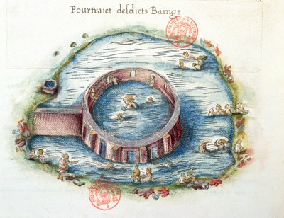 Ms 3242 The Baths of Bourbon-Lancy, illustration fra Generale Description du Bourbonnais af Nicolas de Nicolay, 1569 (wc på papir) af French School