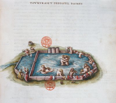 Ms 3243 The Baths of Bourbon lArchambaut, Auvergne, illustration fra Generale Description du Bourbonnais af Nicolas de Nicolay, 1569 (wc på papir) af French School