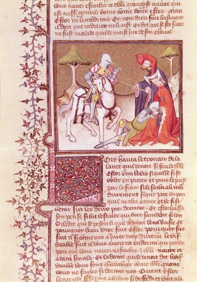 Ms 3479 fol.516 Og så trak han lansen fra den døende ridder, fra Livre de Messire Lancelot du Lac af French School