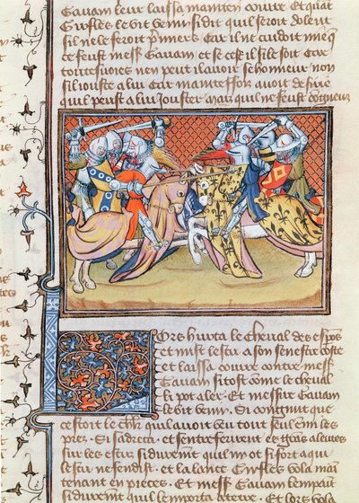 Ms 3479 t.1 fol.539 Når hestene støder sammen, fra Livre de Messire Lancelot du Lac af French School