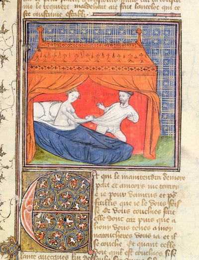 Ms 3480 Lancelot forsøger at flygte fra en kvinde i en seng, fra Livre de Messire Lancelot du Lac af French School