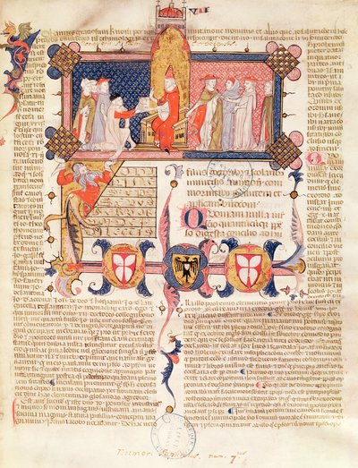 Ms 371 f.1 Jean Andre præsenterer sit arbejde for pave Clemens V (ca. 1260-1314) af French School