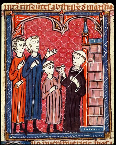 Ms 372 f.53r Et barn bragt til et kloster af sine forældre, fra Decrets de Gratien af French School