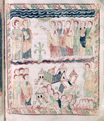 Ms 386 fol.25r Engle med trompeter og jorden ryster, fra Johannes-apokalypsen af French School