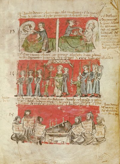 Ms 406 fol.6 Scener fra livet for studerende fra College of Hubant eller Ave Maria, fra vedtægterne for College of Hubant, Paris, 1387 af French School