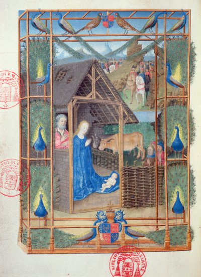 Ms 473 Fødselen med påfugle, miniature fra Heures de Charles de France, ca. 1466-69 af French School