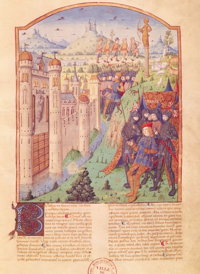 Ms 493 fol.1r The Works of Virgil med kommentar af Servius, The Bucolics, Konge sidder på sin trone omgivet af sine vagter foran en befæstet by, Frankrig, 1469 af French School