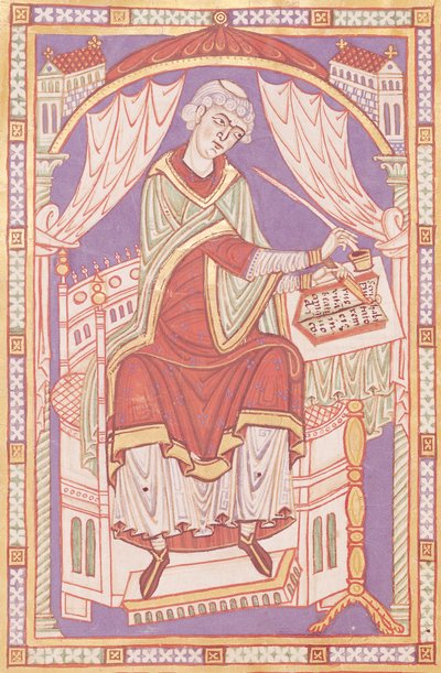 Ms 501 fol.5v Baudemond Writing, from Life and Miracles of Saint Amand af French School