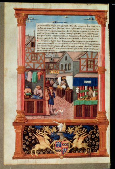 Ms 5062 fol.149v En gade med butikker og våbenskjoldet af Robert Stuart, Marshall of dAubigny Lucrece, fra Livre de Gouvernement des Princes af Gilles de Rome af French School