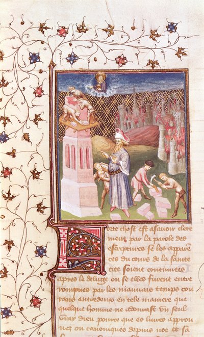 Ms 55 t f.111v Nimrod overvåger bygningen af Babelstårnet, fra La Cite de Dieu af St. Augustine, oversat af Raoul de Presles (1316-82) c.1400-50 af French School