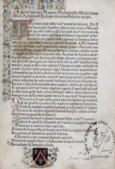 Ms 6310 Første side fra Regimen Sanitatis, 1483 af French School