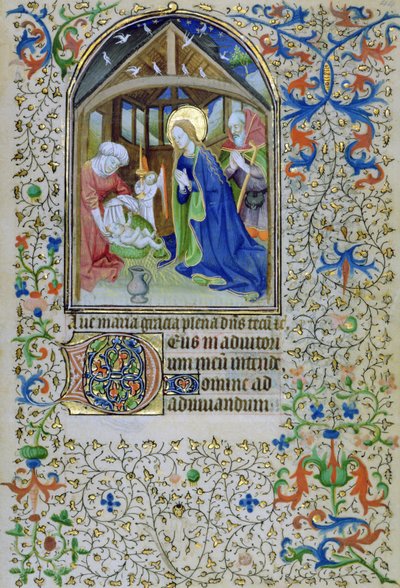 Ms 66 f.44r Jomfruen og Josef tilbeder den nyfødte Kristus, fra en timebog, Amiens af French School