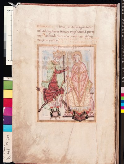 Ms 698 f.7v Dagobert I (609-39), konge af frankerne investerer St. Audomarus Omer (d.c.669) biskop af Therouanne, som missionærbiskop i Pas-de-Calais i 637, fra Life of St. Omer af French School