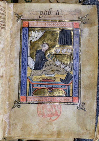 Ms 753 Fol.9 Munk skriver i sin seng, fra Flores Bernardi af Guillaume de Tournai af French School