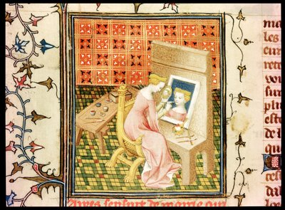 Ms Fr 124220 fol.101v St. Marcia (d.632) Maler et selvportræt, fra De Claris Mulieribus, fra , af Giovanni Boccaccio (1313-75) af French School