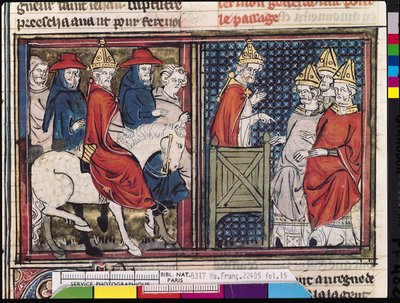 Fr 22495 Fol.15 Koncilet i Clermont og Pave Urban IIs ankomst (ca. 1035-99) i Frankrig, fra Le Roman de Godefroi de Bouillon, 1337 af French School