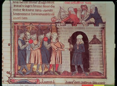 Ms Fr 22495 f.32v 1. Korstog. Overgivelse af Tarsus til Tancred de Hauteville, 1097, fra Le Roman de Godefroi de Bouillon af French School