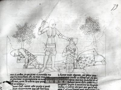 Fr 343 f.79 Bevæbning af en ridder på en slagmark fra Lancelot du Lac af French School