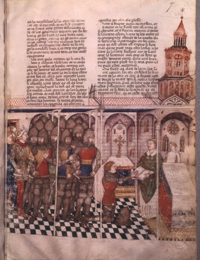 Fru Fr 343 fol. 7 Jagten på den hellige gral og Arthurs død, ridder aflægger ed af French School