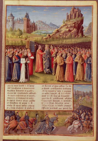 Fr 5594 f.138 Sankt Bernard (ca. 1090-1153) af Clairvaux prædikede det andet korstog i nærværelse af kong Louis VII (ca. 1120-80) af Frankrig i Vezelay i 1146, fra Passages faits Outremer skrevet af French School