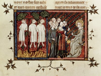 Fru Fr. 5716 fol.246 St. Louis afsiger dom og fordømmer Enguerrand de Coucy (1228-1311) for at have hængt tre unge adelsmænd, fra Life and Miracles of St. Louis, ca. 1330-40 af French School