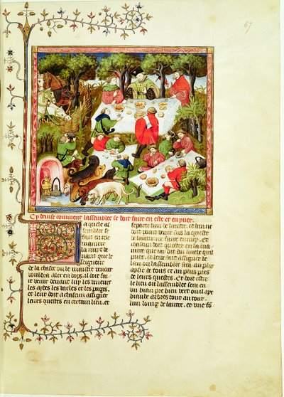 Fr 616 fol.67 Jægere, der fester før hjortejagten, fra Livre de la Chasse af Gaston Phebus de Foix (1331-1391) af French School