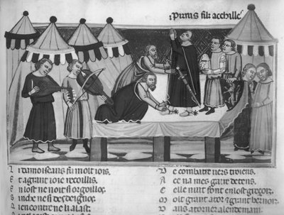 Fr 782 f.16 Bevæbning af en ridder, fra Roman de Troie, 13.-14. århundrede af French School