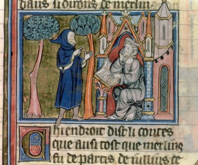 Fru Fr. 95 f.268 Merlin dikterer historien til Blaise, fra lHistoire de Merlin, ca. 1280-90 af French School