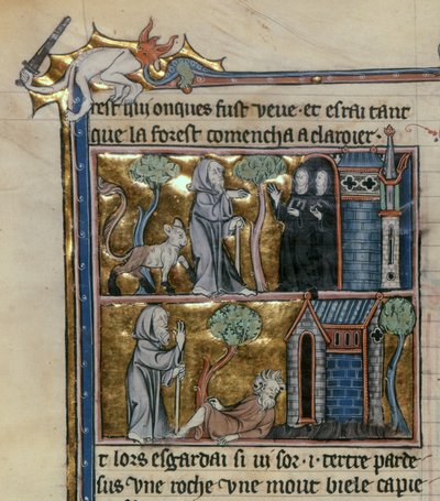 Fr 95 f.4v Eremit og udyr, fra lHistoire du Saint Graal, c.1280-90 af French School