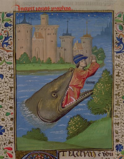 Ms H 7 f.111r Jonas og hvalen, fra Bibelen af Jean XXII af French School
