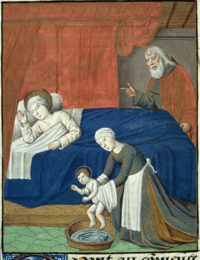 Ms Hunter 36 f.10v Den hellige Jomfru Marias fødsel, fra Vita Christi, af Ludolf af Sachsen, c.1300-7778 af French School