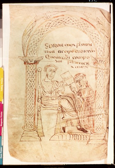 Ms Lat 13396 Fol.1 Isidore tilbyder sit arbejde til sin søster Florentina, fra De Catholic Faith fra Det Gamle og Nye Testamente mod jøderne af Isidore af Sevilla (ca. 560-636) ca. 800 af French School
