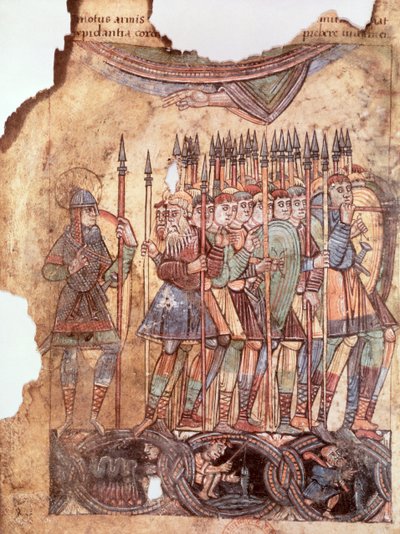 Ms Lat 1390 fol.7v Foot Soldiers in the Crusades, fra La Vie de Saint Aubin dAngers af French School